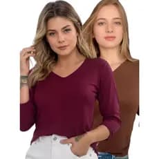 Kit 2 Blusa Feminina de Manga Longa com Gola V de Viscolycra