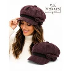 Boina feminina de inverno em lã xadrez, elegante e confortável, com laço lateral e forro interno quentinho.