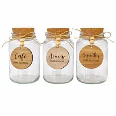 Kit 3 Potes Herméticos Vidro 600ml Tampa Rolha Pingente Decorativo Café Açúcar e Biscoitos
