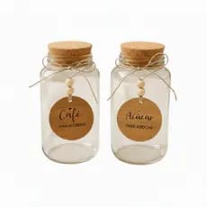 Kit 2 Potes de Vidro Herméticos Organizadores 823ml com Rolha e Pingente Café e Açúcar