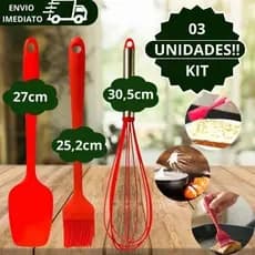 Kit 3 Utensílios para Cozinha em Silicone 1 Espátula, 1 Pincel, 1 Batedor de Claras