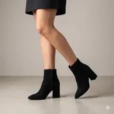 Bota Feminina Bico Fino Cano Curto Salto Bloco Elegante