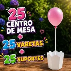 25 Centro de mesa festa Cachepot aniversário com Varetas e suporte para balão + 25 varetas + 25 suportes