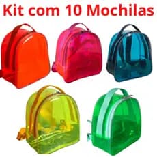 Kit 10 Mochila Transparente Plástico Piscina Praia Passeio Trabalho Neon