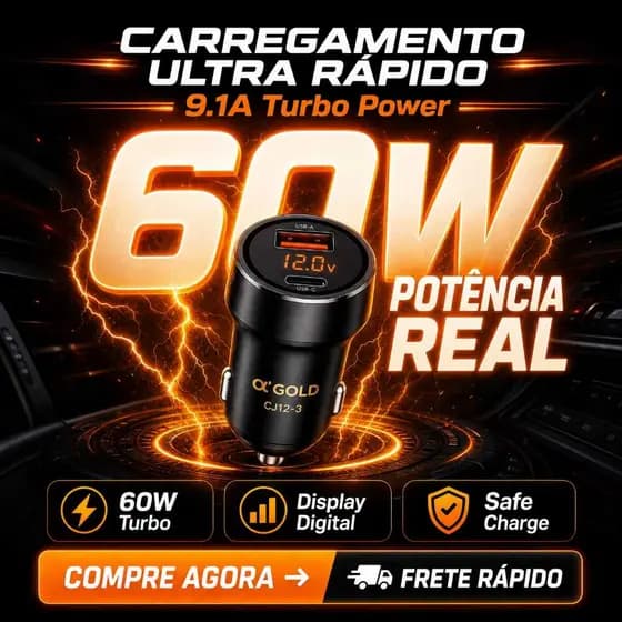 Carregador Veicular Turbo 60W Alpha Gold CJ12-3 Anatel Com Cabo