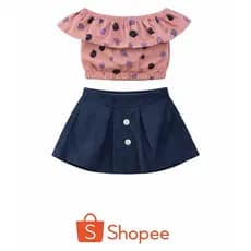Conjunto Infantil Menina bebe Juvenil,  saia estilo jeans + blusa ciganinha,tamanho unico serve 3-6 meses, Moda Verão