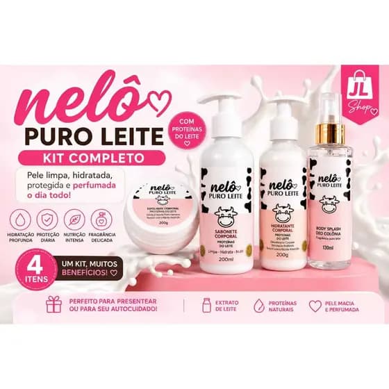 kit puro leite vaquinha nelo,esfoliante,sabonete liquido,hidratante coporal,body splash
