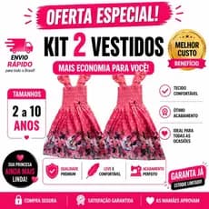 Kit 2 Vestidos Infantil Menina Temático – Escolha 2 Tamanhos (2 a 10 Anos) Promoção mais economia para você