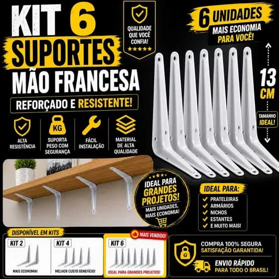 Kit 6 Suportes Mão Francesa 13cm Reforçado Branco Para Prateleira Nicho Armário Estante