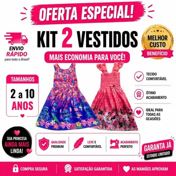 Kit 2 Vestidos Infantil Menina Temático Moda Festa Casual 2 a 10 Anos Promoção