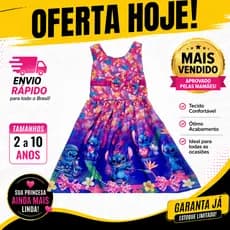 Vestido Infantil Menina Personagem Stitch Moda Festa Roupa Temática 2 a 10 Anos Promoção Envio Rápido