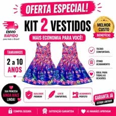 Kit 2 Vestidos Infantil Menina Temático – Escolha 2 Tamanhos (2 a 10 Anos) Promoção mais economia para você