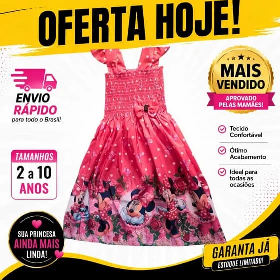 Vestido Infantil Menina Temático Vermelho Festa Casual Confortável 2 a 10 Anos