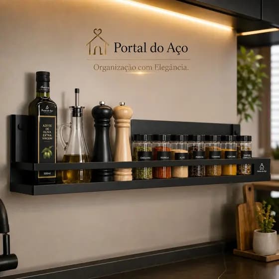 Prateleira Porta Temperos Preto Fosco Aço Organizador Cozinha Banheiro e Lavabo Luxo Parede Multiuso