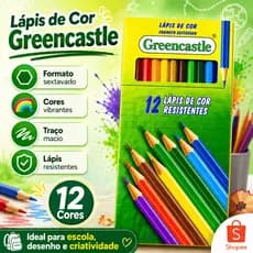 Lápis de Cor Madeira Greencastle 12 Cores Sextavado Resistente Escolar Profissional