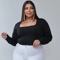 Body Feminino Manga Longa Decote Quadrado Plus Size Suplex Moda Inverno Confortavel Bori com Fecho