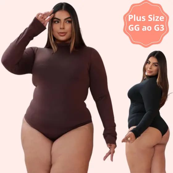 Body Feminino Manga Longa Gola Alta Plus Size Suplex Premium Moda Inverno Confortavel Bori com Fecho