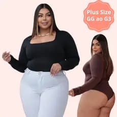 Body Feminino Plus Size Confortavel Manga Longa Decote Quadrado Bori com Fecho