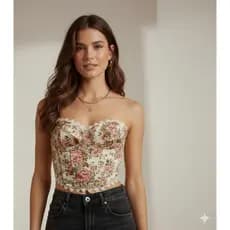 Corpete Corselet Estampado Floral Vintage Sem Alça Renda Guipir - Cropped Blogueira Tendência