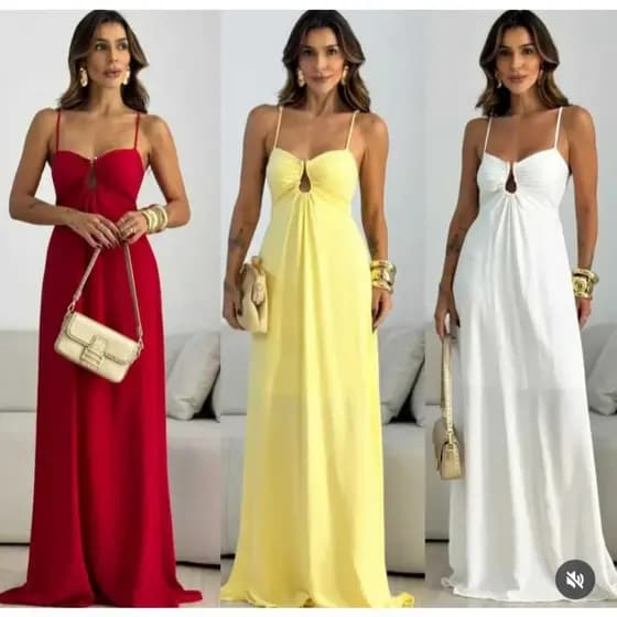 Vestido feminino longo com fivela e decote suave
