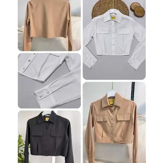 Camisa Cropped Manga Longa - Botões Revestidos