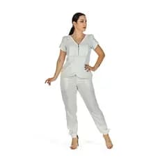 Conjunto Scrub Feminino Manga Curta Transpassado Branco Off White Casual Médica Dentista Esteticista