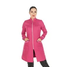 Jaleco Feminino Gola Padre Zíper Manga Longa Acinturado Pink Esteticista Salão de Beleza Profissional