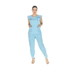 Conjunto Scrub Feminino Babados Azul Bebê Uniforme Casual Esteticista Secretária Clínica Consultório Salão de Beleza