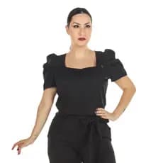 Blusa Scrub Feminino Manga Bufante Princesa Preto Uniforme Casual Profissional Esteticista Secretária Salão de Beleza