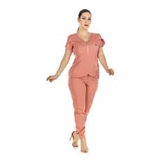 Conjunto Feminino Scrub Manga Curta Transpassado Nude Rose Gold Uniforme Secretária Casual