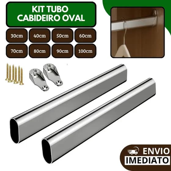 Kit Tubo Cabideiro Oval Oblongo Arara Para Guarda Roupas Closet Cromado Varios Tamanhos