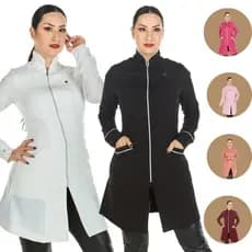 Jaleco Feminino Profissional Gola Padre Manga Longa Acinturado Saúde Estética