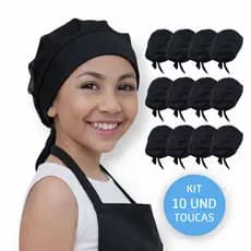 Kit Com 10 Touca Pequena Lavável Uniforme Para Criança Infantil Cozinha PRETO