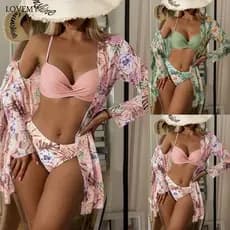 2024-Conjunto De Biquíni Feminino Novo Estilo Mesh Shawl Blusa De Banho De Três Peças Kimono Dividido Fato Impresso