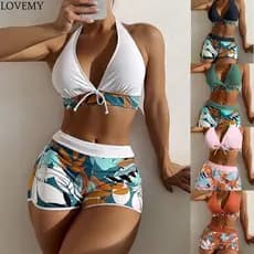 Conjunto de biquíni halter feminino, maiô curto, maiô de cintura alta, maiô estampado feminino, moda praia de natação, novo, 2024