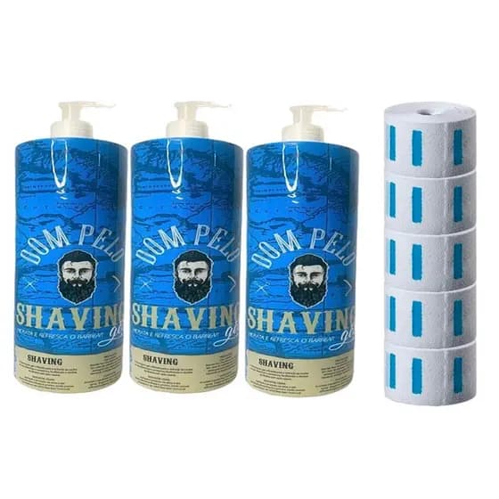 Kit 3 Shaving Gel Dom Pelo 1kg - Barba Sem Irritações + Gola Higiênica Descartável - 5 Rolos com 500 Unidades