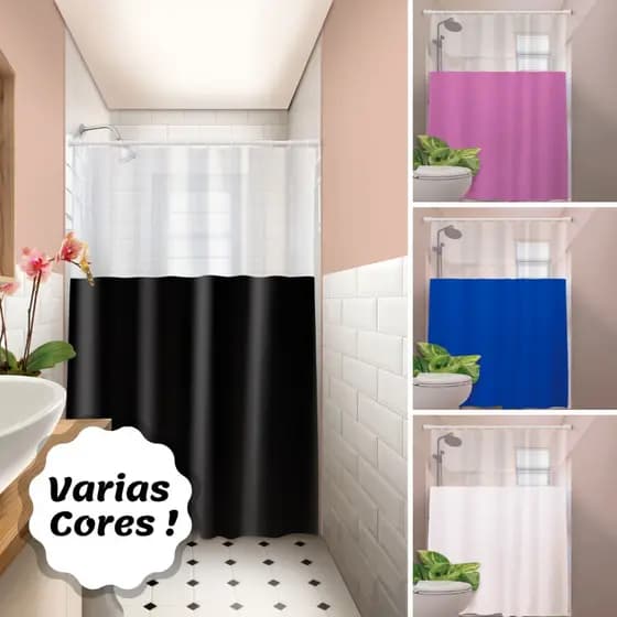 Cortina Box com Visor Lisa Em PVC Para Banheiro Anti Mofo Com Ganchos