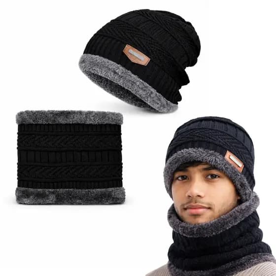 Kit Touca De Frio Gorro Com Gola Cachecol Forrada Térmica Tricô Tecido Fleece Macio Inverno