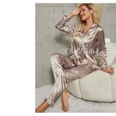Pijama Feminino Longo Elegante Cetim Seda Floral Moda Bloqueira