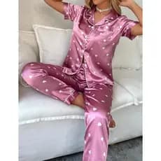 Pijama Feminino Cetim Manga Curta  Moda Promoção Coração Bola Listras