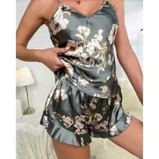Pijama Feminino Curto Floral Top Babado Moda Cetim