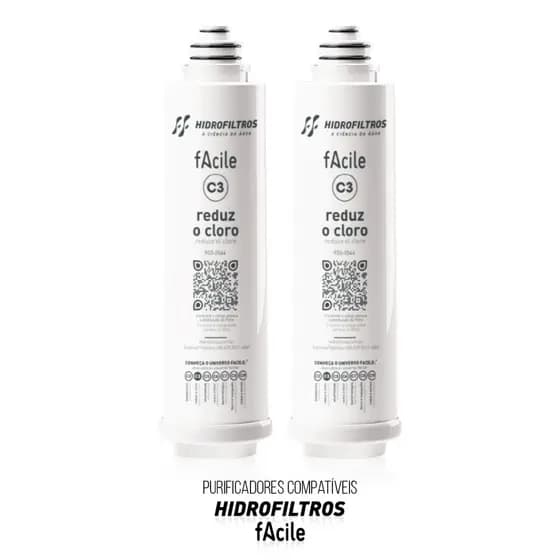 1 ou 2 Refis C3 Original Purificador de Água Hidrofiltros Facile Reduz Cloro e Impurezas da Agua