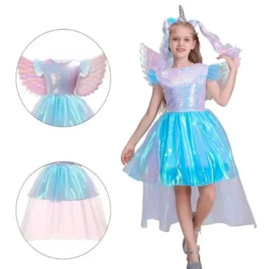 Fantasia Completa Infantil Unicórnio Vestido Luxo com Asa e Tiara Candy Cintilante- Aniversário
