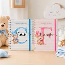 Caderneta De Saúde Vacinação Letras Ursinho Rosa Azul Personalizado Nome Livro do Bebê - Capa Dura