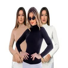KIT 3 Blusa Cacharrel Feminina Gola Alta de Manga Longa - Cacharrel Lisa