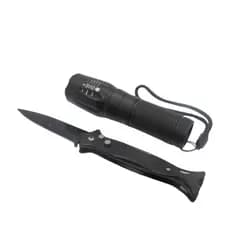 Kit lanterna de Led recarregável + Canivete de aço semi automático com trava