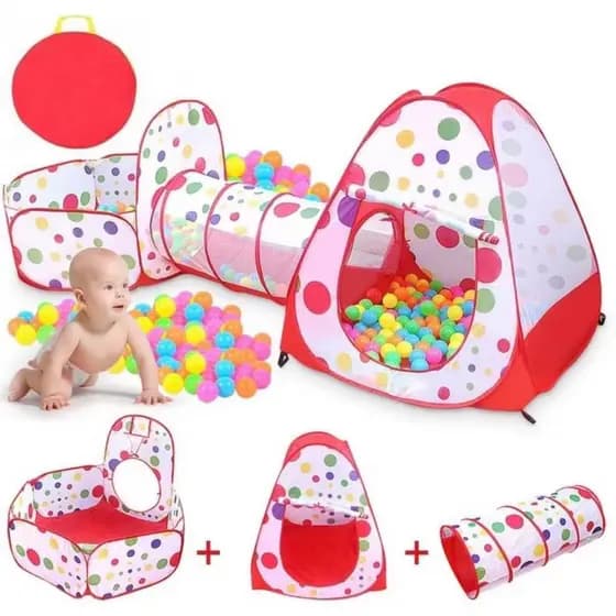 Barraca Toca Infantil Tunel com cercado piscina de bolinhas Casinha Tenda 3 em 1 cesta bolinhas..