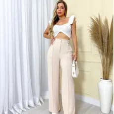 Calça Feminina Pantalona Wide Leg Duna com Botão Tendência 2026