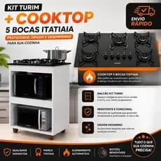 Kit Cozinha Balcão Turim + Cooktop Itatiaia Essencial 5 Bocas Vidro Temperado