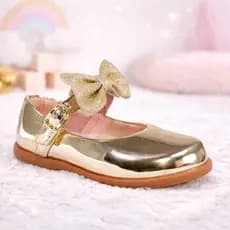 Sapatilha Delicada Feminina Infantil Menina Dourada Laço Glitter Sapato Boneca Festa Antiderrapante